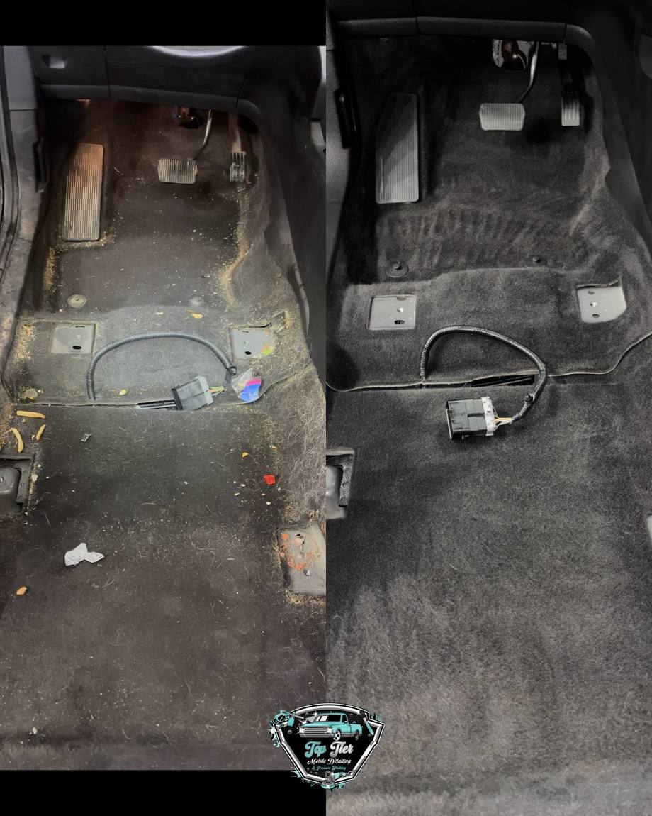 Two photos of a vehicle floor pan, littered with crumbs and debris on one side and vacuumed clean on the other